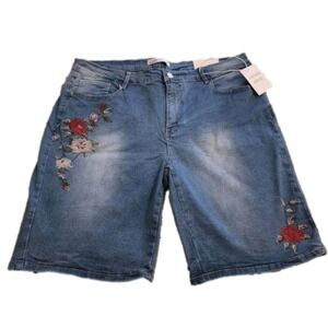VINTAGE violet floral embroidered Stretch Jean‎ Bermuda shorts plus size 24 new!